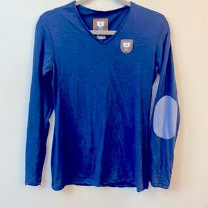 Asmar Equestrian Merino Wool V Neck Long Sleeve Tee Shirt Elbow Patch Sz LG